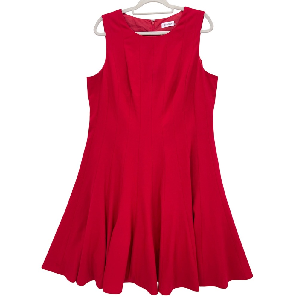 Calvin Klein Red Fit and Flare Dress 16W Sleeveless Paneled Seam A-Line